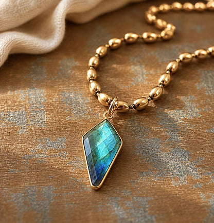 Blue Flash Labradorite Necklace, Gold Gemstone Pendant Necklace, Boho Layering Necklace