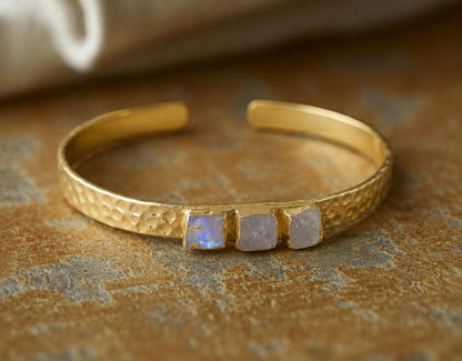 Rainbow Moonstone Cuff Bracelet, June Birthstone Gift, Gemstone Stacking Bracelet, Dainty Moonstone Jewelry, Hammered Gold Cuff