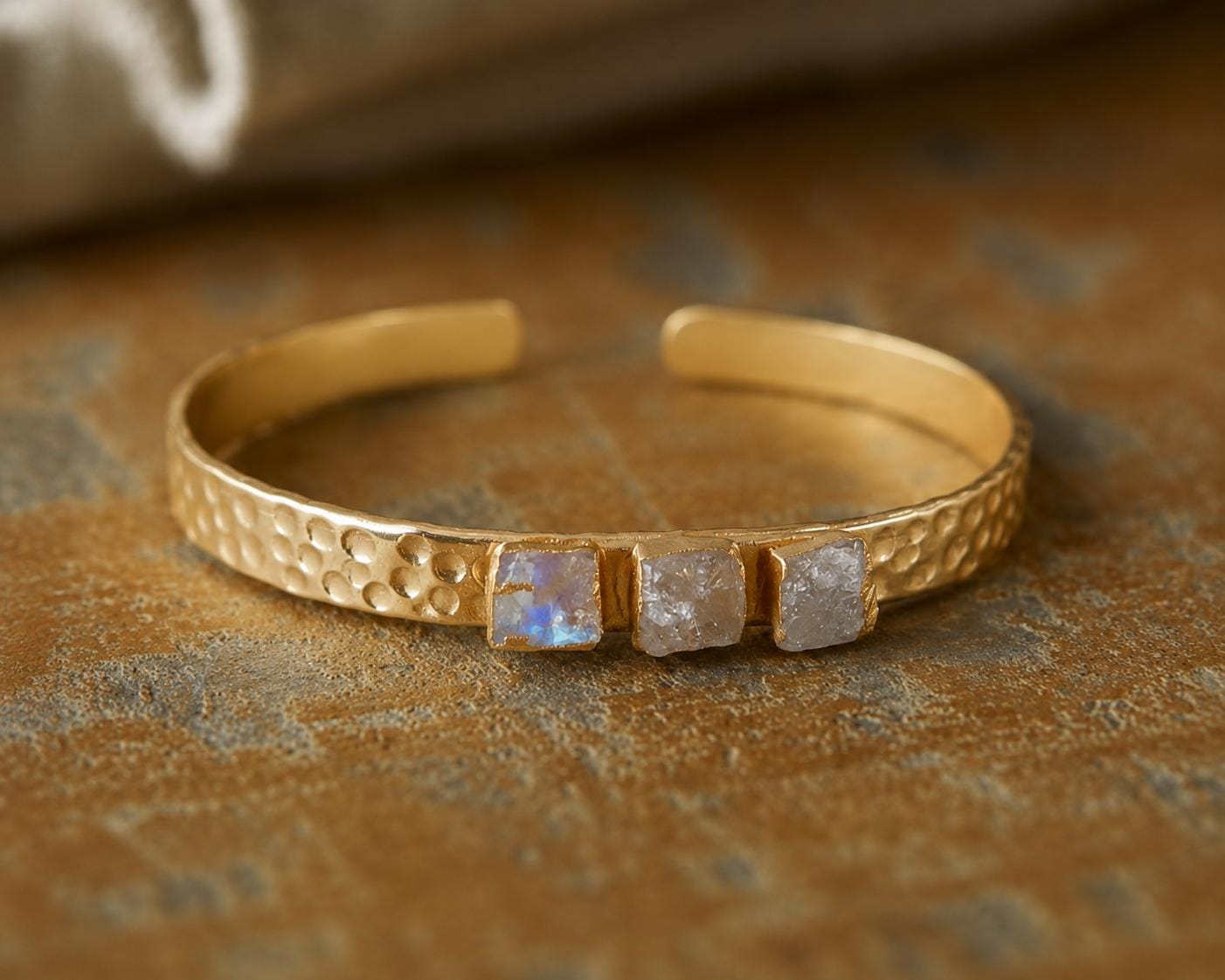 Rainbow Moonstone Cuff Bracelet, June Birthstone Gift, Gemstone Stacking Bracelet, Dainty Moonstone Jewelry, Hammered Gold Cuff