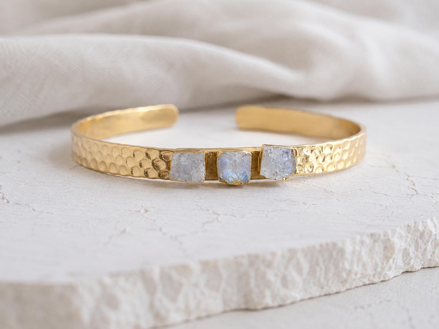 Rainbow Moonstone Cuff Bracelet, June Birthstone Gift, Gemstone Stacking Bracelet, Dainty Moonstone Jewelry, Hammered Gold Cuff