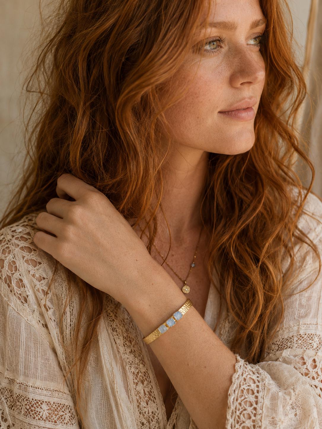 Rainbow Moonstone Cuff Bracelet, June Birthstone Gift, Gemstone Stacking Bracelet, Dainty Moonstone Jewelry, Hammered Gold Cuff