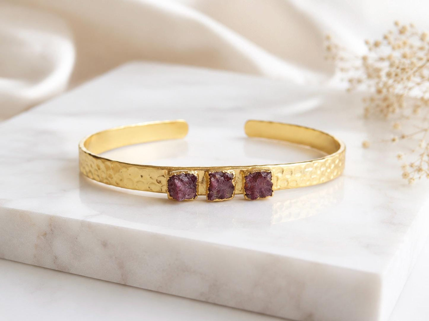 Raw Ruby Cuff Bracelet | Gold Hammered Bracelet with Natural Ruby Stones | Adjustable July Birthstone Jewelry | Gift for Her