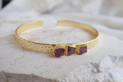 Raw Ruby Cuff Bracelet | Gold Hammered Bracelet with Natural Ruby Stones | Adjustable July Birthstone Jewelry | Gift for Her