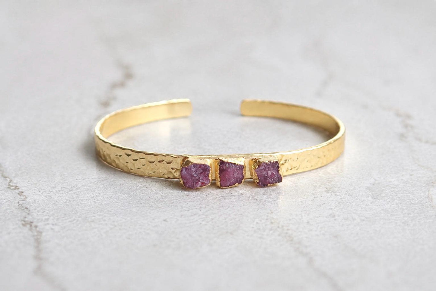 Raw Ruby Cuff Bracelet | Gold Hammered Bracelet with Natural Ruby Stones | Adjustable July Birthstone Jewelry | Gift for Her