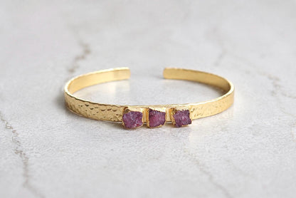 Raw Ruby Cuff Bracelet | Gold Hammered Bracelet with Natural Ruby Stones | Adjustable July Birthstone Jewelry | Gift for Her
