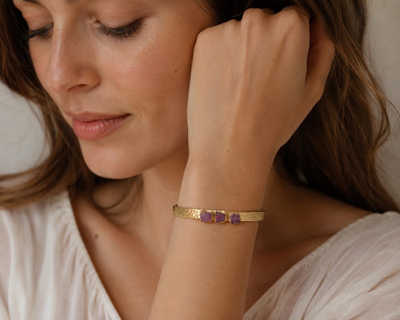 Raw Ruby Cuff Bracelet | Gold Hammered Bracelet with Natural Ruby Stones | Adjustable July Birthstone Jewelry | Gift for Her