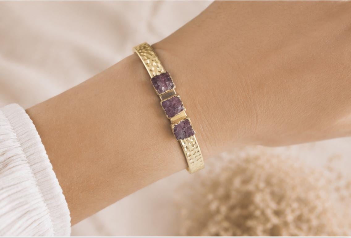 Raw Ruby Cuff Bracelet | Gold Hammered Bracelet with Natural Ruby Stones | Adjustable July Birthstone Jewelry | Gift for Her
