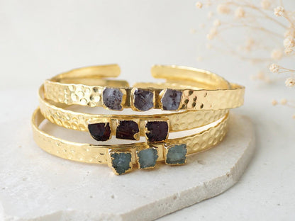 Raw Sapphire Gold Cuff Bracelet, Hammered Gold Bracelet, September Birthstone Gift