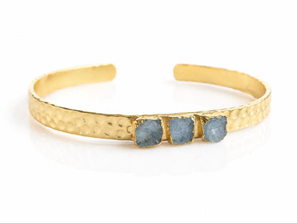 Raw Aquamarine Cuff Bracelet | Natural Aquamarine Gemstone Bracelet | Gold Hammered Adjustable Bangle | March Birthstone Jewelry Gift