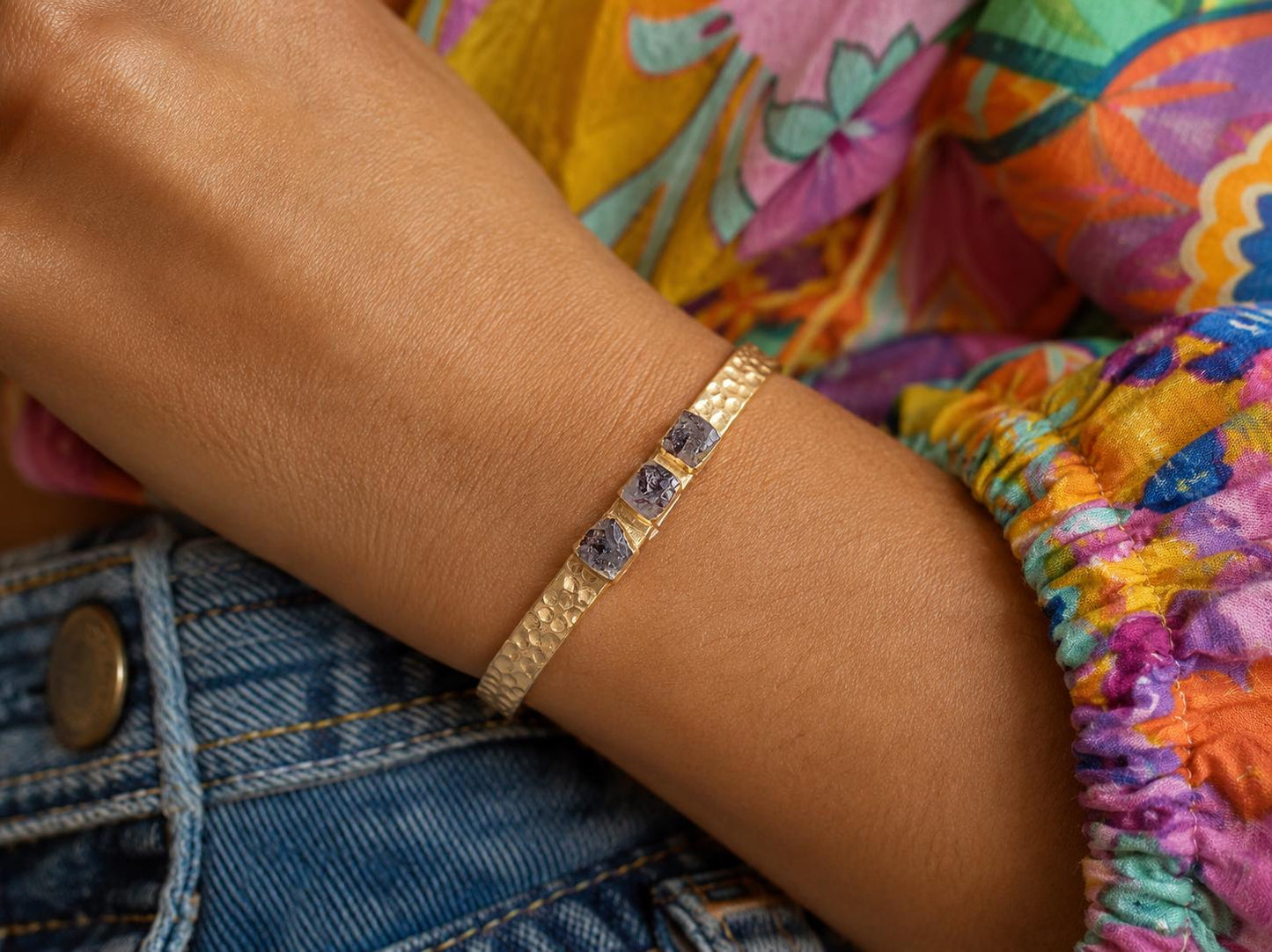 Gold Birthstone Cuff Bracelet, Herkimer Diamond Cuff, April Birthstone Gift
