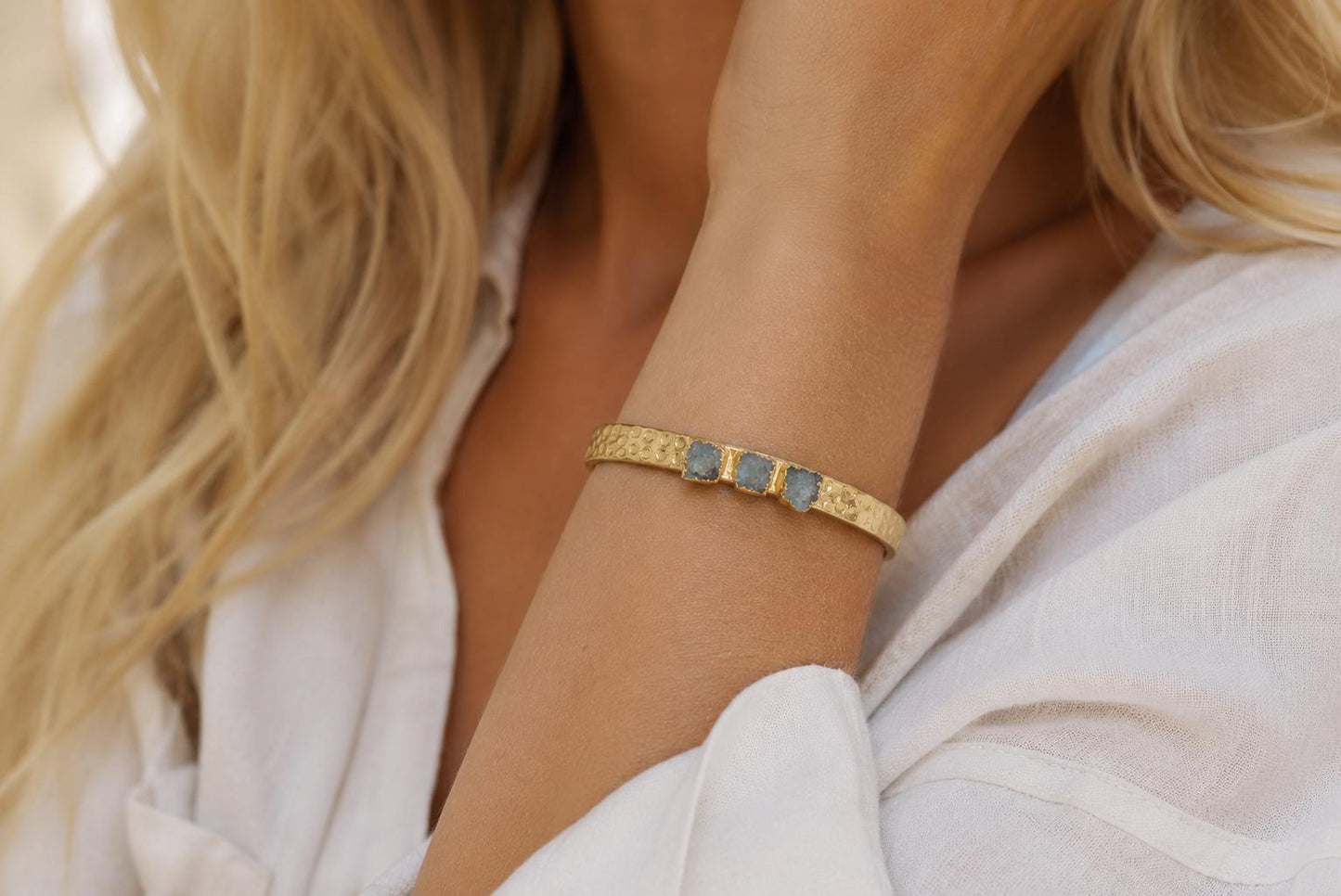 Gold Birthstone Cuff Bracelet, Herkimer Diamond Cuff, April Birthstone Gift