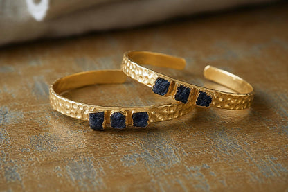 Raw Sapphire Gold Cuff Bracelet, Hammered Gold Bracelet, September Birthstone Gift