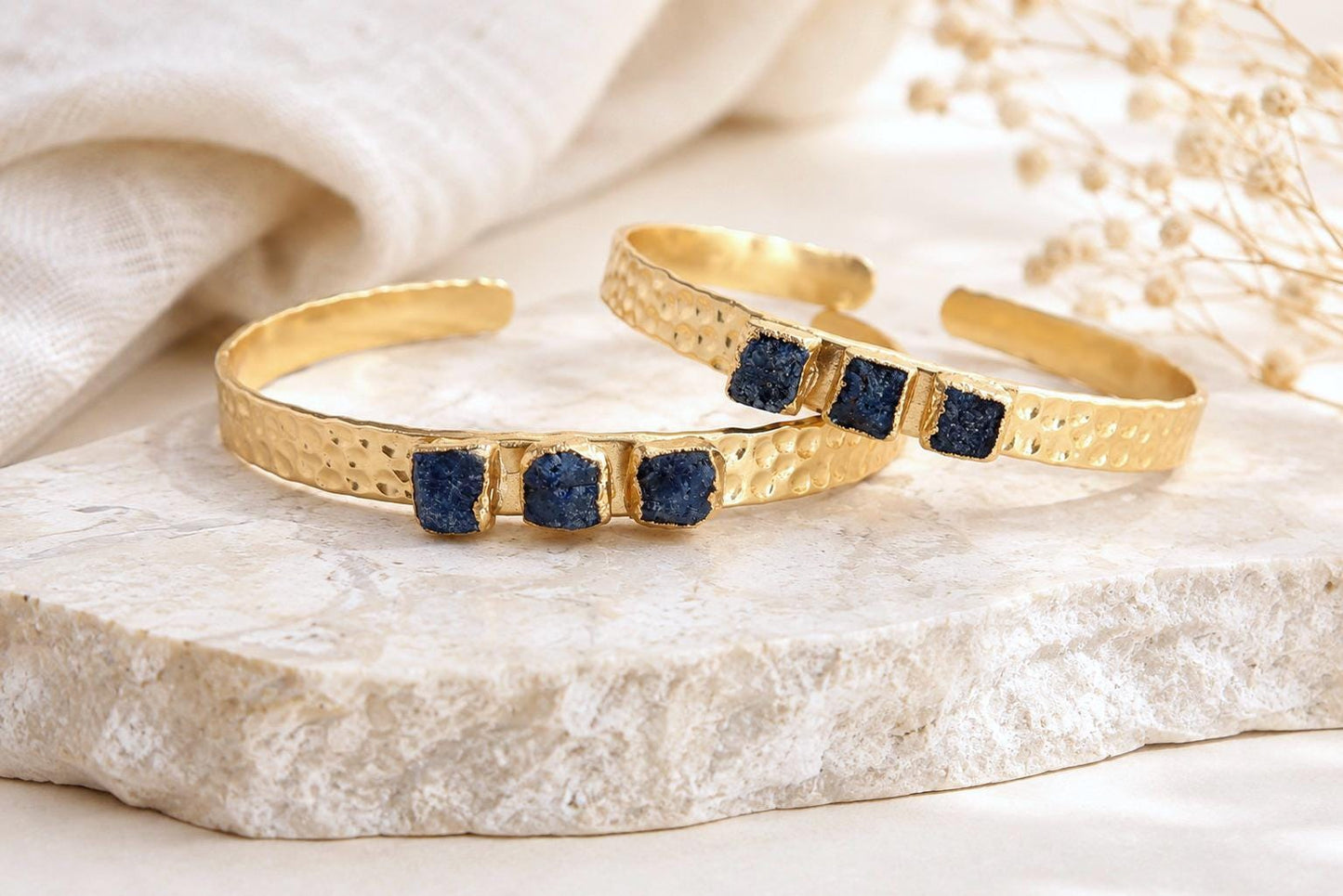Raw Sapphire Gold Cuff Bracelet, Hammered Gold Bracelet, September Birthstone Gift