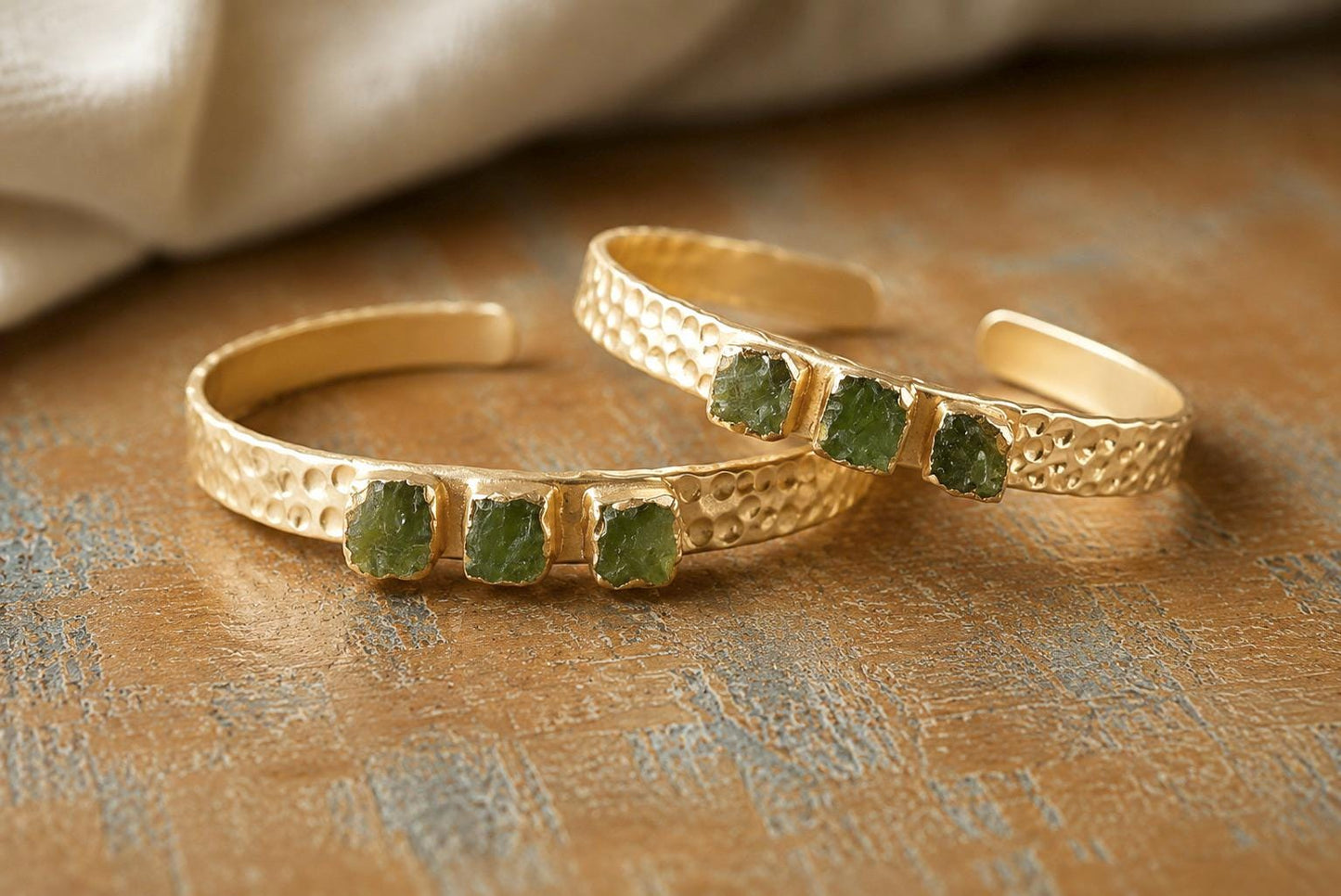 Raw Peridot Gold Cuff Bracelet, Hammered Adjustable Bangle with Natural Green Gemstones, August Birthstone Jewelry