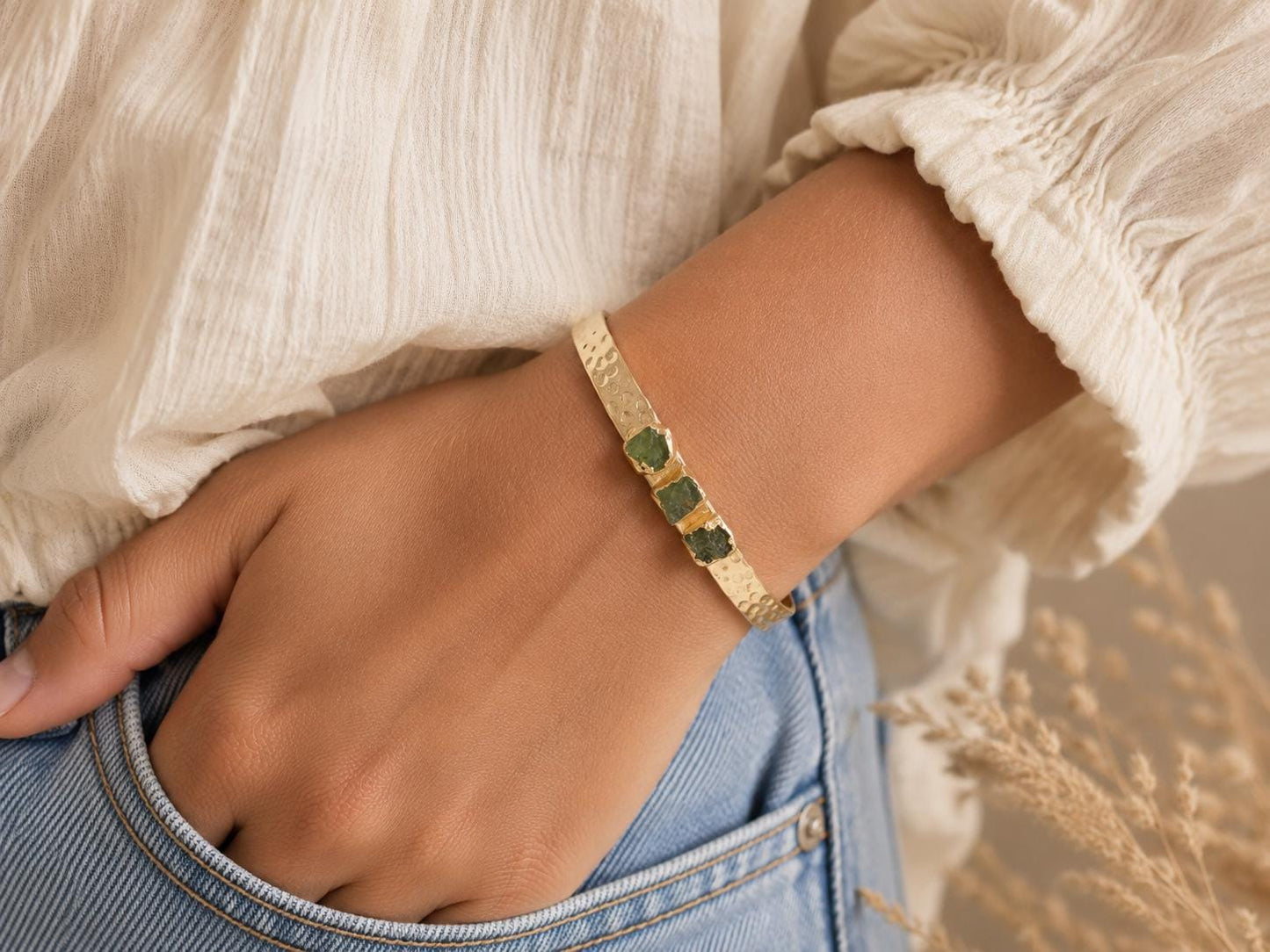 Raw Emerald Gold Cuff Bracelet, Hammered Adjustable Bangle with Natural Green Gemstones, May Birthstone Jewelry