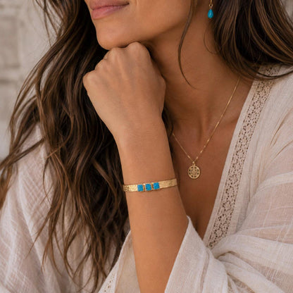 Turquoise Cuff Bracelet Gold | December Birthstone Gift | Minimalist Boho Chic Gemstone Bangle,