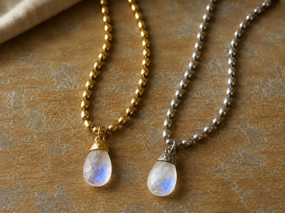 Rainbow Moonstone Pendant Necklace Antique Gold or Silver, June Birthstone Gift, Moonstone Jewelry, Boho Gemstone Necklace,