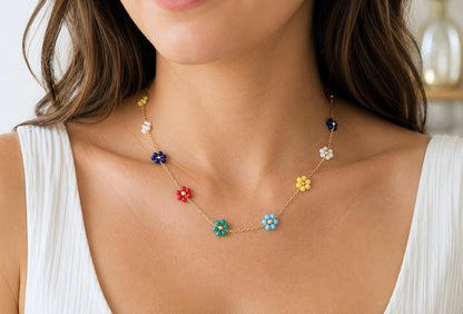 Colorful Waterproof Gold Necklace | Beaded Flower Necklace | Floral Summer Jewelry for Women | No Tarnish Beachy Boho Jewelry | Gift for Her