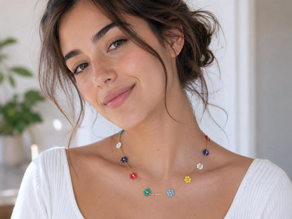 Colorful Waterproof Gold Necklace | Beaded Flower Necklace | Floral Summer Jewelry for Women | No Tarnish Beachy Boho Jewelry | Gift for Her