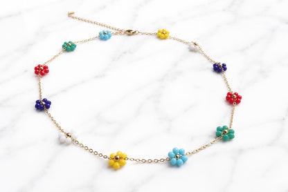 Colorful Waterproof Gold Necklace | Beaded Flower Necklace | Floral Summer Jewelry for Women | No Tarnish Beachy Boho Jewelry | Gift for Her