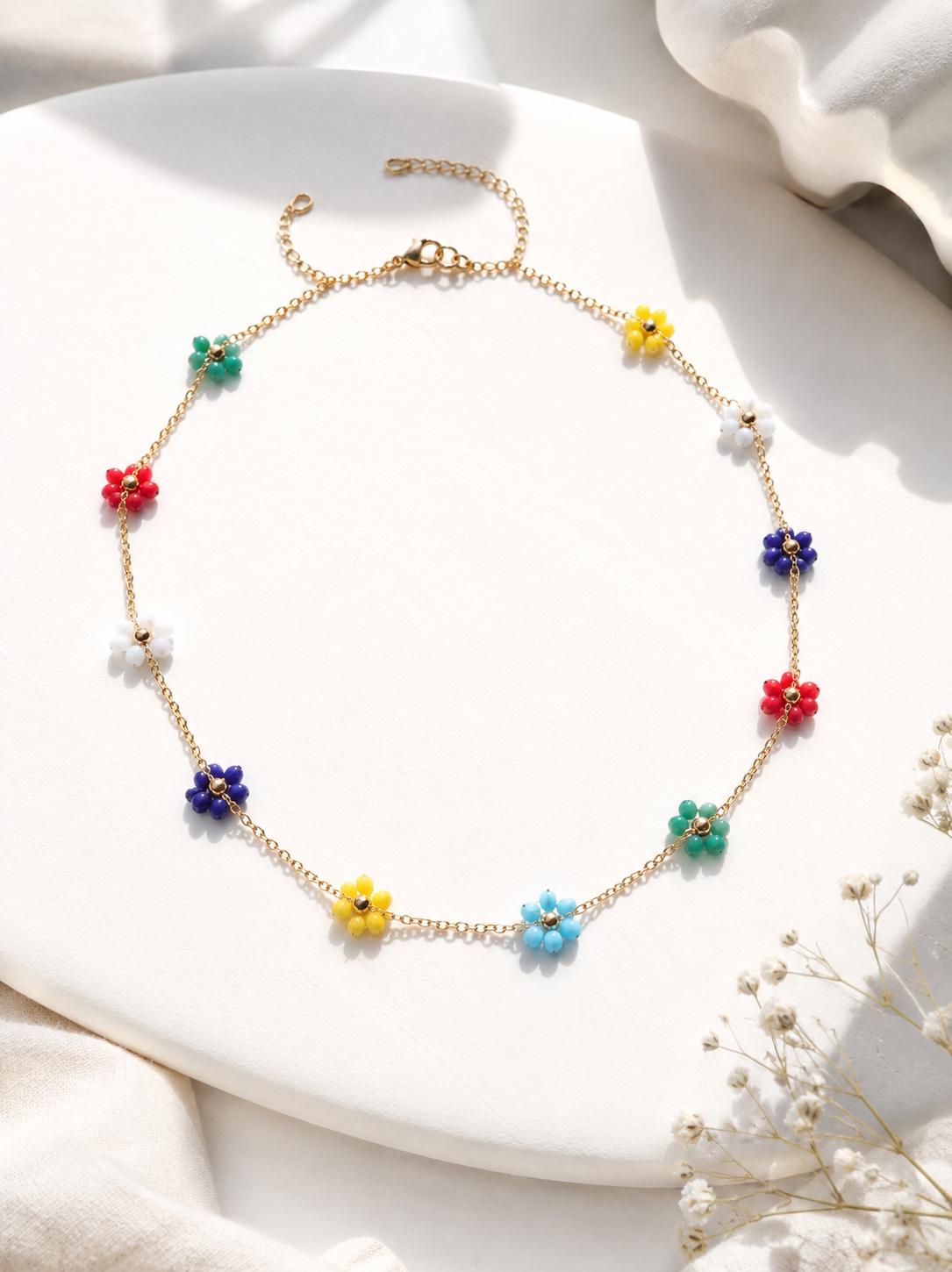 Colorful Waterproof Gold Necklace | Beaded Flower Necklace | Floral Summer Jewelry for Women | No Tarnish Beachy Boho Jewelry | Gift for Her