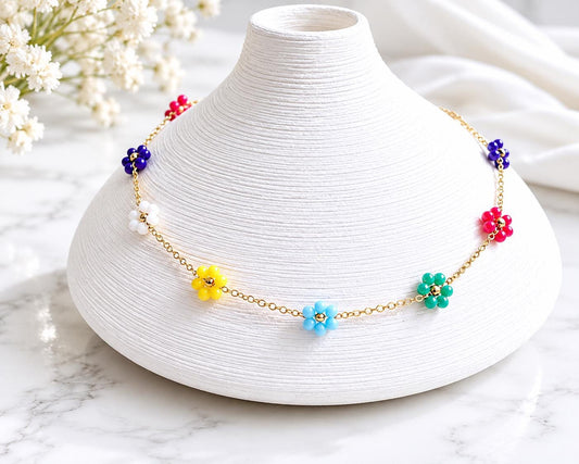 Colorful Waterproof Gold Necklace | Beaded Flower Necklace | Floral Summer Jewelry for Women | No Tarnish Beachy Boho Jewelry | Gift for Her