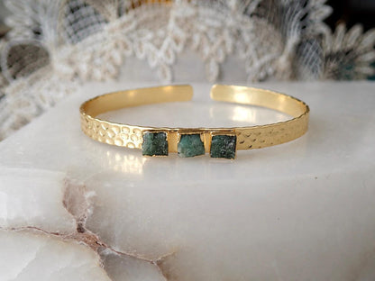 Raw Emerald Gold Cuff Bracelet, Hammered Adjustable Bangle with Natural Green Gemstones, May Birthstone Jewelry