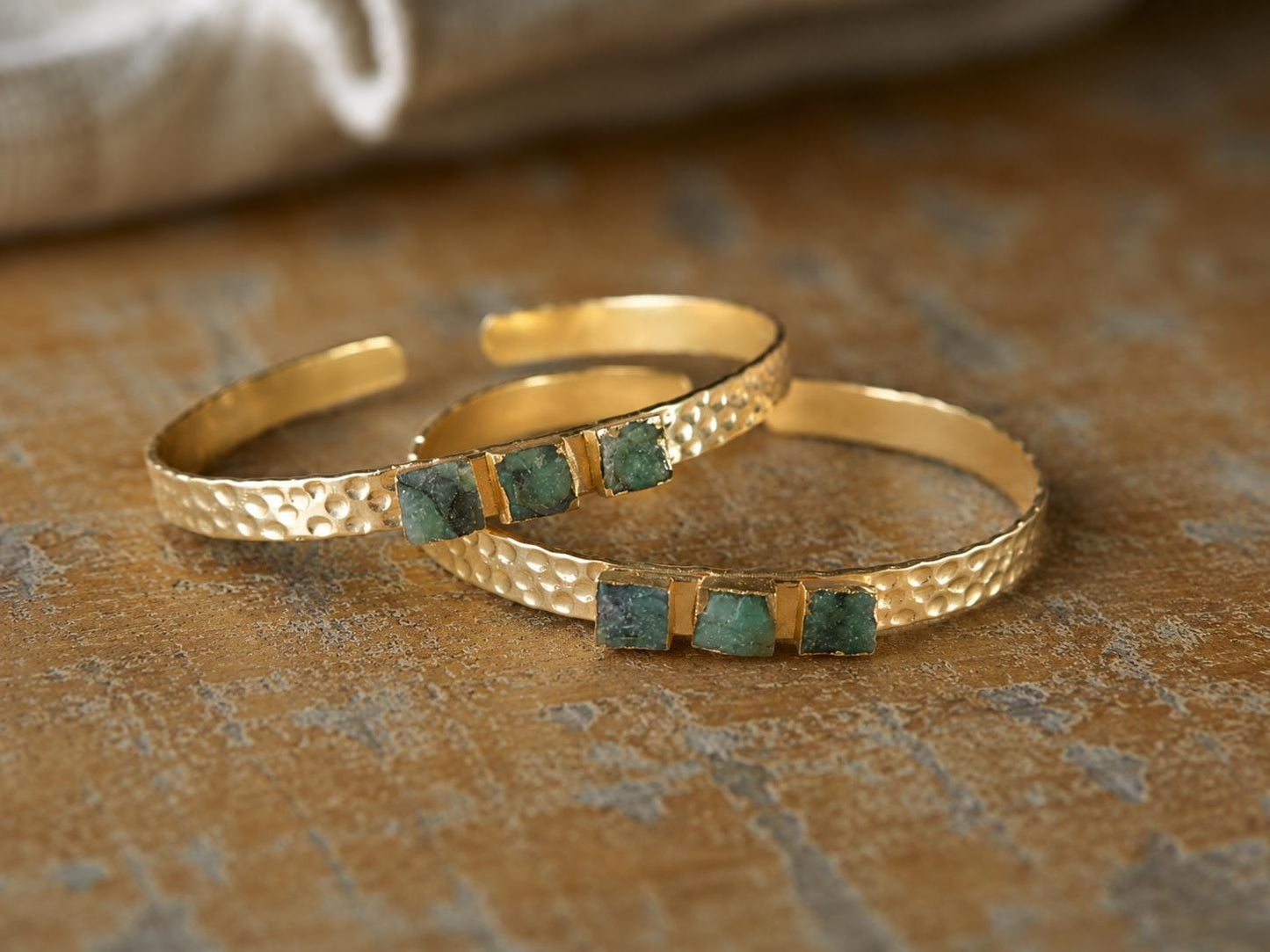 Raw Emerald Gold Cuff Bracelet, Hammered Adjustable Bangle with Natural Green Gemstones, May Birthstone Jewelry