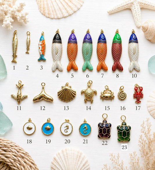 Coastal Charm Necklace Add On, Colorful Gold Fish Charm, Beach & Nautical Charms, Lobster Turtle Shell Charm, Removable Charm Bar Pendant