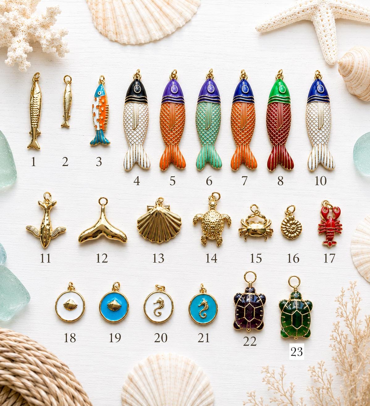 Colorful Sea Glass Charm Holder Necklace, Front Clasp Necklace, Fish Pendant Necklace