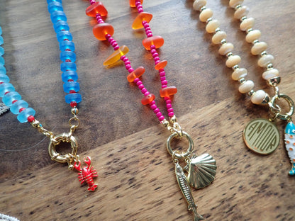 Coastal Beaded Charm Necklace, Gold Filled Coral Charm Holder Necklace, Charm Bar Jewelry, Interchangeable Charm Necklace, Gift for Her