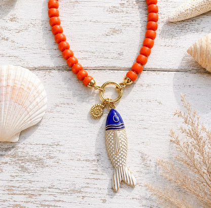 Coastal Beaded Charm Necklace, Gold Filled Coral Charm Holder Necklace, Charm Bar Jewelry, Interchangeable Charm Necklace, Gift for Her