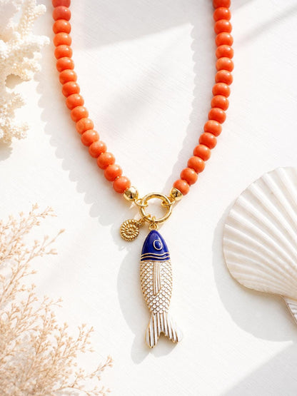 Coastal Beaded Charm Necklace, Gold Filled Coral Charm Holder Necklace, Charm Bar Jewelry, Interchangeable Charm Necklace, Gift for Her