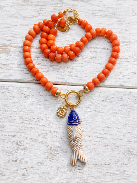 Coastal Beaded Charm Necklace, Gold Filled Coral Charm Holder Necklace, Charm Bar Jewelry, Interchangeable Charm Necklace, Gift for Her