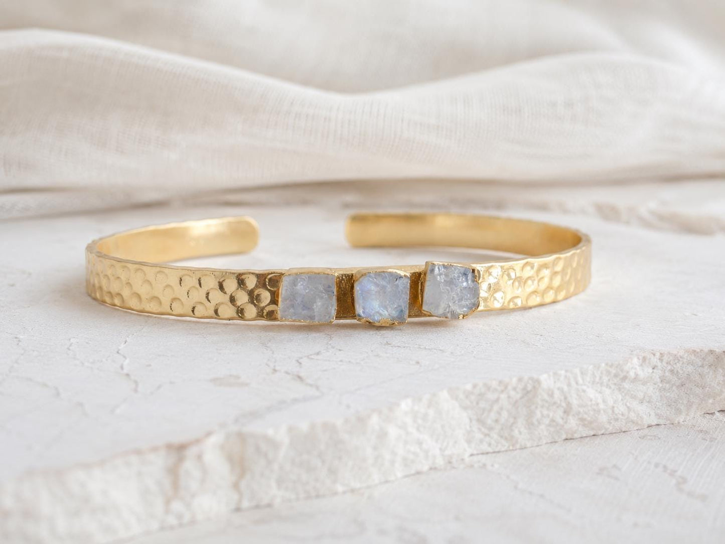 Rainbow Moonstone Cuff Bracelet, June Birthstone Gift, Gemstone Stacking Bracelet, Dainty Moonstone Jewelry, Hammered Gold Cuff