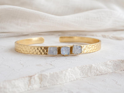 Rainbow Moonstone Cuff Bracelet, June Birthstone Gift, Gemstone Stacking Bracelet, Dainty Moonstone Jewelry, Hammered Gold Cuff