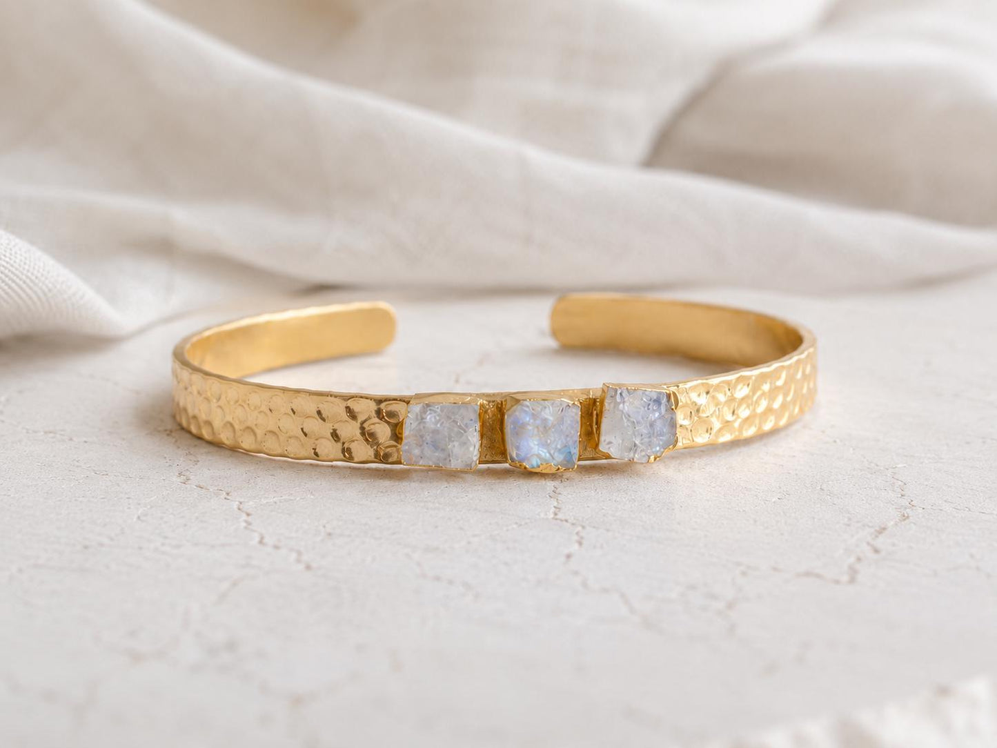 Rainbow Moonstone Cuff Bracelet, June Birthstone Gift, Gemstone Stacking Bracelet, Dainty Moonstone Jewelry, Hammered Gold Cuff