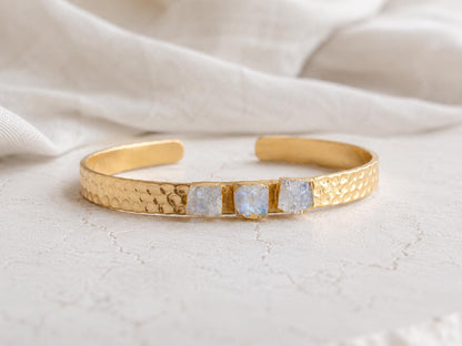 Rainbow Moonstone Cuff Bracelet, June Birthstone Gift, Gemstone Stacking Bracelet, Dainty Moonstone Jewelry, Hammered Gold Cuff