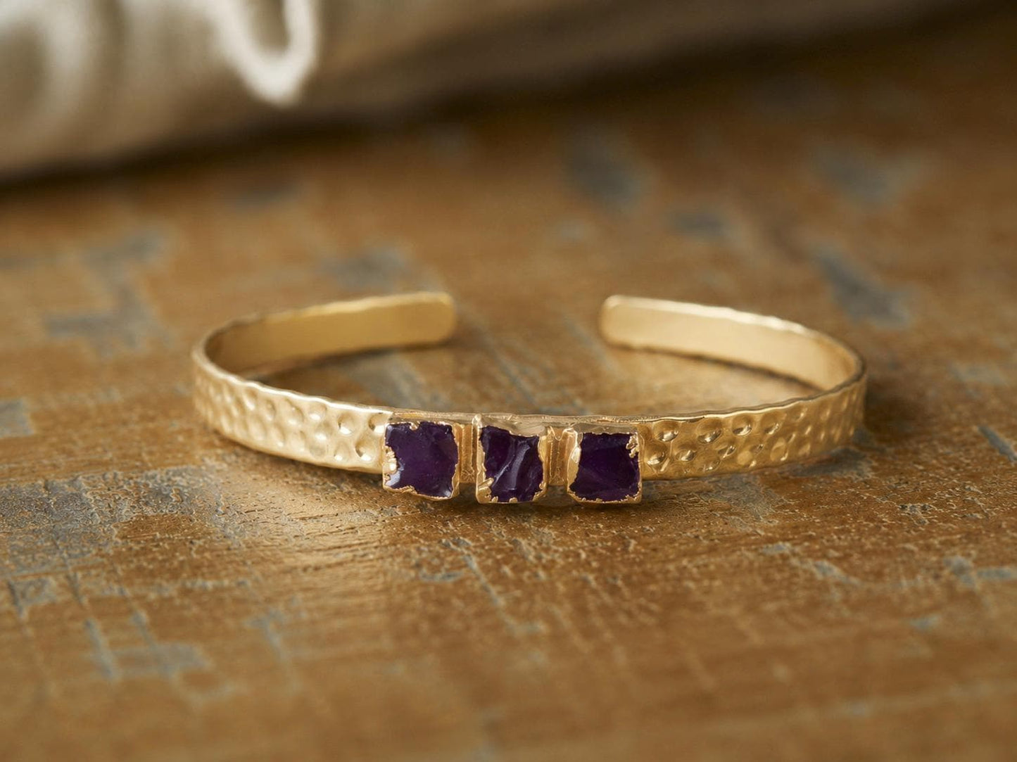 Raw Amethyst Gold Cuff Bracelet, Adjustable Bangle with Natural Purple Gemstones, February Birthstone Jewelry