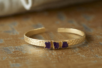 Raw Amethyst Gold Cuff Bracelet, Adjustable Bangle with Natural Purple Gemstones, February Birthstone Jewelry