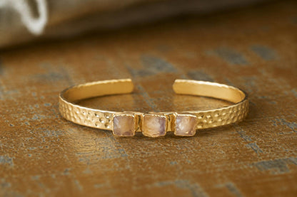 Rose Quartz Cuff Bracelet Gold, Adjustable Gemstone Bangle, October Birthstone Jewelry