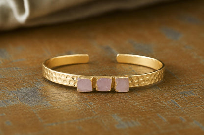 Rose Quartz Cuff Bracelet Gold, Adjustable Gemstone Bangle, October Birthstone Jewelry