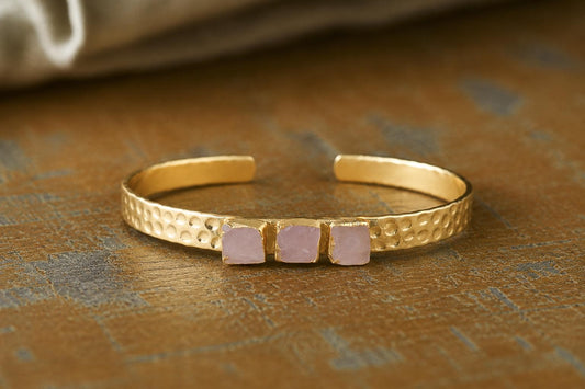 Rose Quartz Cuff Bracelet Gold, Adjustable Gemstone Bangle, October Birthstone Jewelry