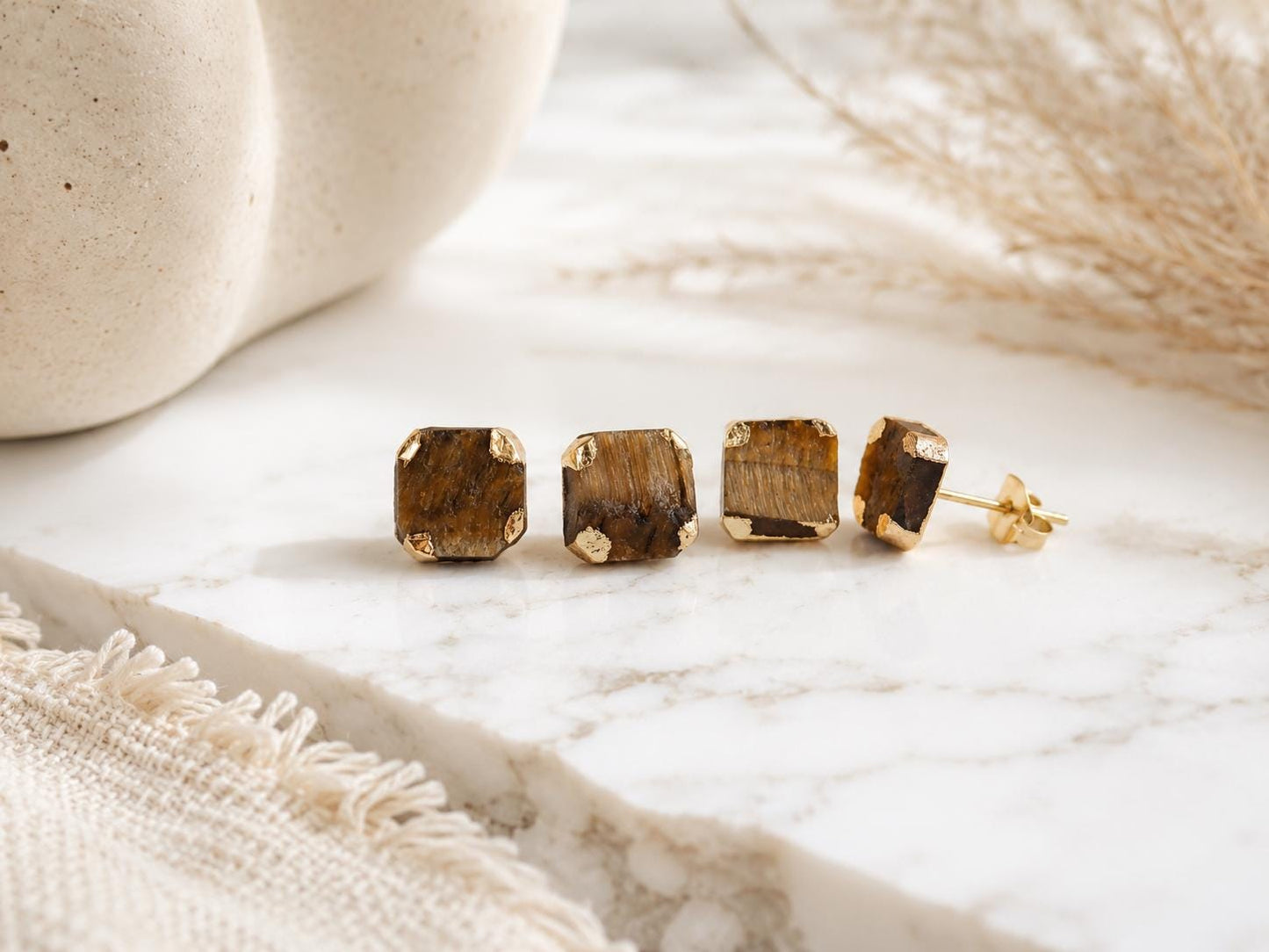 Raw Tiger Eye Stud Earrings, Earthy Gemstone Posts, Square Gemstone Studs