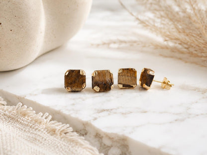 Raw Tiger Eye Stud Earrings, Earthy Gemstone Posts, Square Gemstone Studs