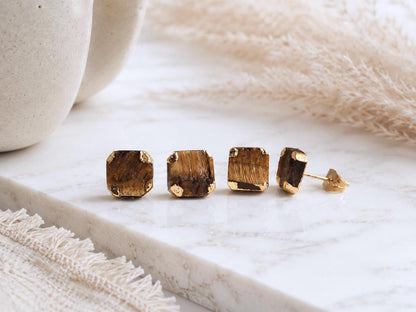 Raw Tiger Eye Stud Earrings, Earthy Gemstone Posts, Square Gemstone Studs
