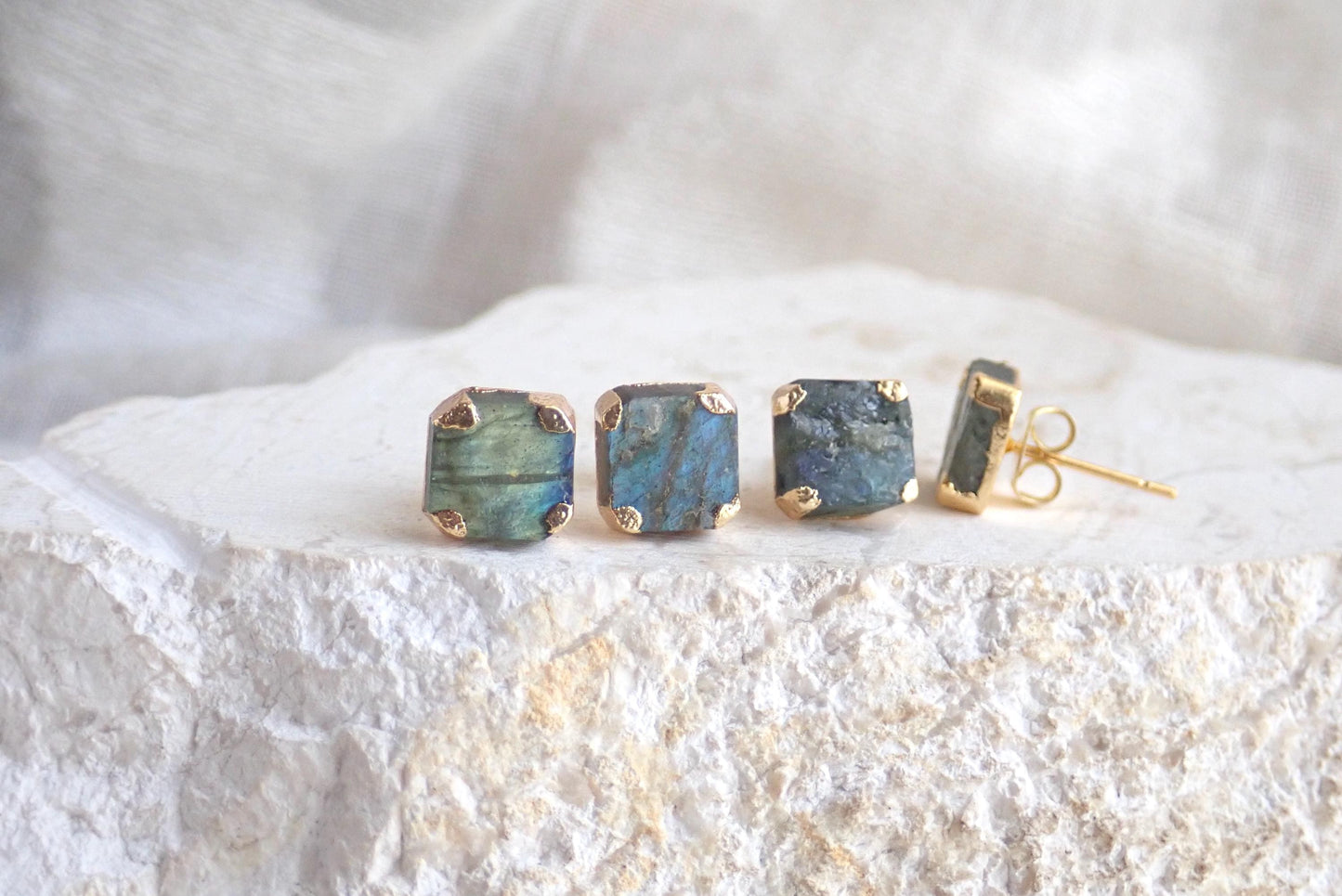 Raw Labradorite Stud Earrings, Gold Gemstone Earrings, Blue Flash Gemstone Posts