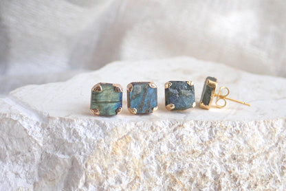 Raw Labradorite Stud Earrings, Gold Gemstone Earrings, Blue Flash Gemstone Posts
