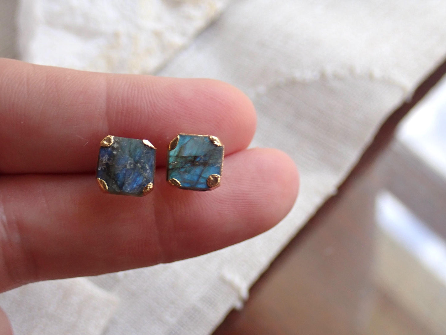 Raw Labradorite Stud Earrings, Gold Gemstone Earrings, Blue Flash Gemstone Posts