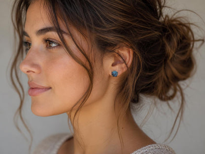 Raw Labradorite Stud Earrings, Gold Gemstone Earrings, Blue Flash Gemstone Posts